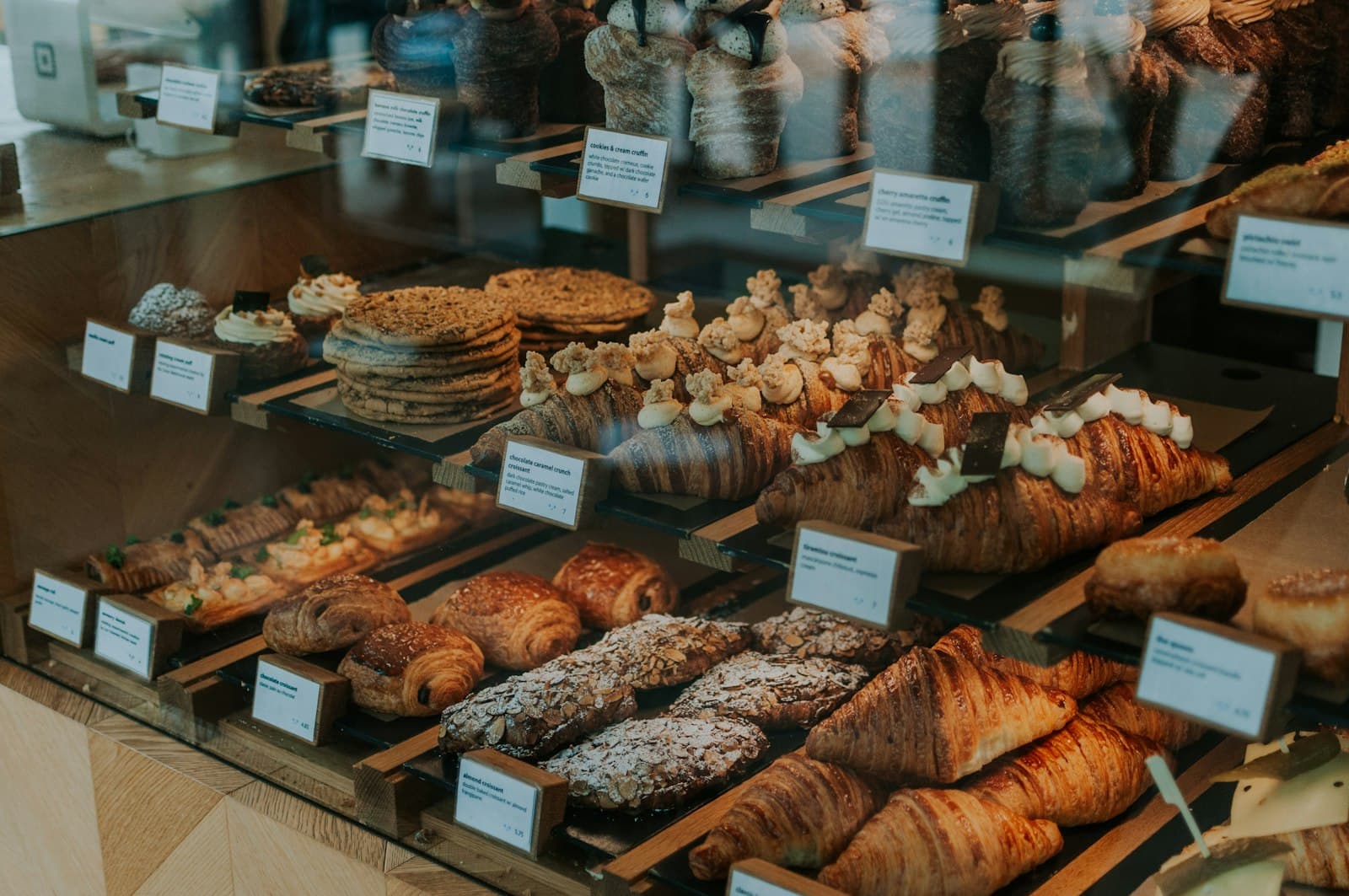 Cafe pastry display case with baked goods